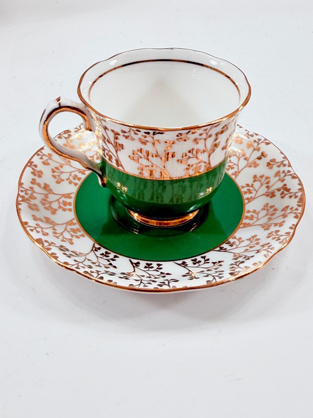 Gladstone Bone China Tea Cup & Saucer Set Green Gold Trim Flower England 1940s